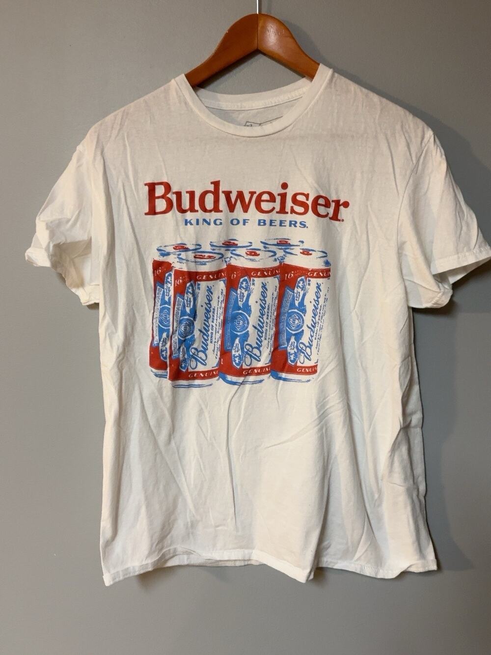 Budweiser King of Beers Mens L White Graphic T Shirt Beer Cans 100% Cotton